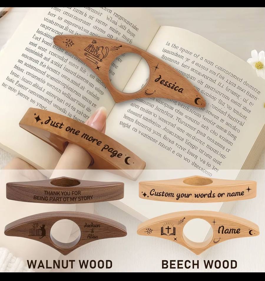 Page holder in use on an open book, shown in walnut and beech